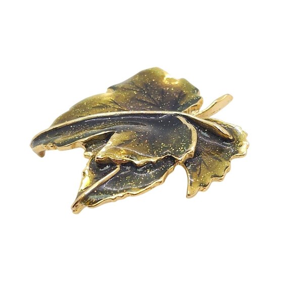 Vintage Autumn Leaf Brooch Green Glitter Enamel Gold Tone - Picture 10 of 10